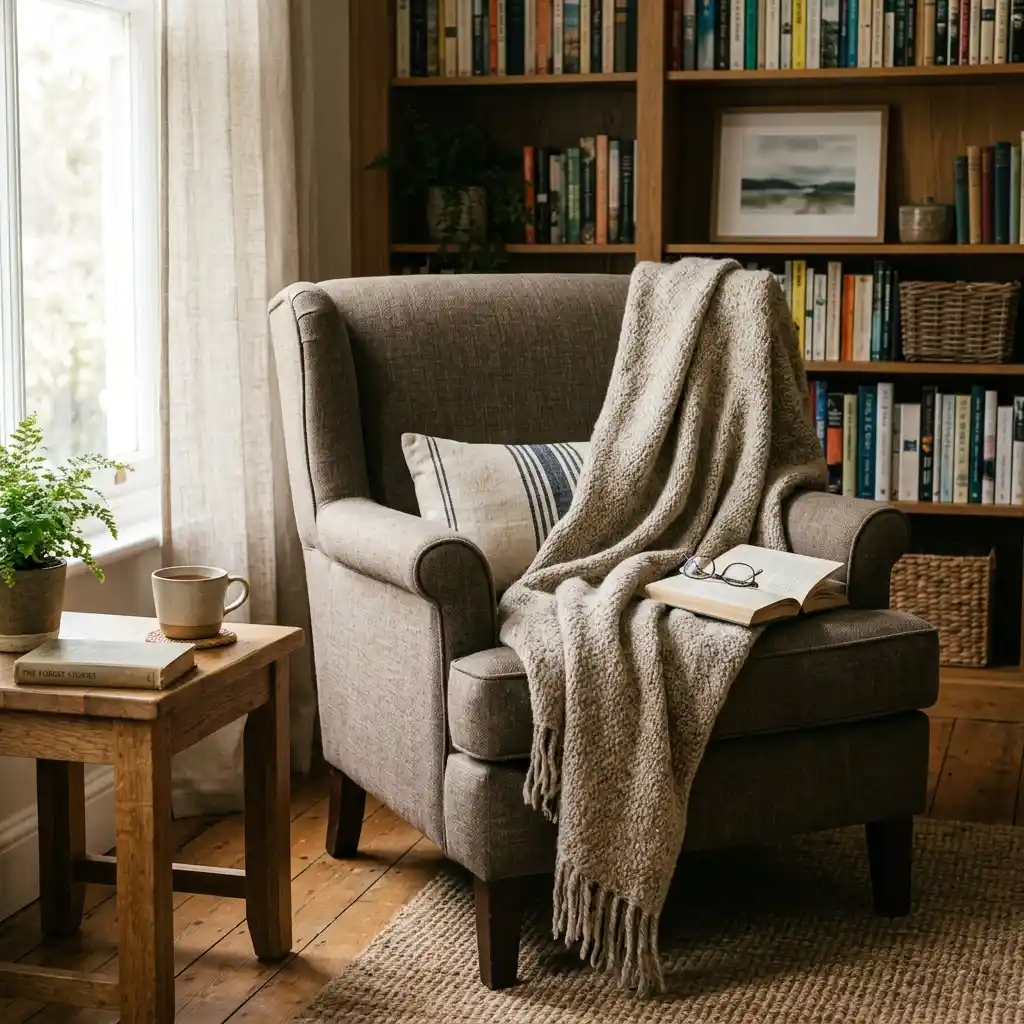 Wool throw blanket in warm oatmeal draped over the back of an upholstered reading armchair