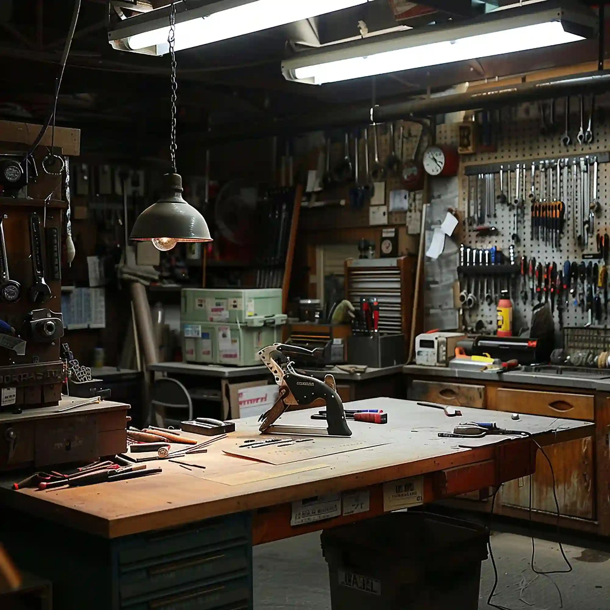 L-shaped workbench zone with a rolling tool cart and a small seating corner in a converted garage workshop