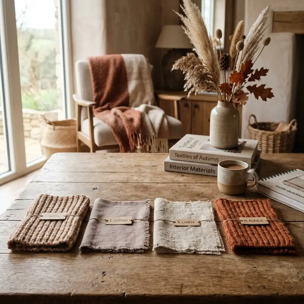 Fabric swatches labelled wool, cotton, linen and acrylic laid on a rustic table beside autumn textile books and dried stems