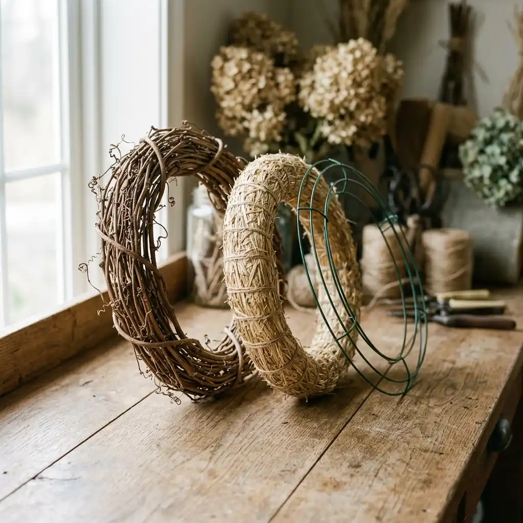 Grapevine, straw, and wire wreath bases lined up side by side for comparison