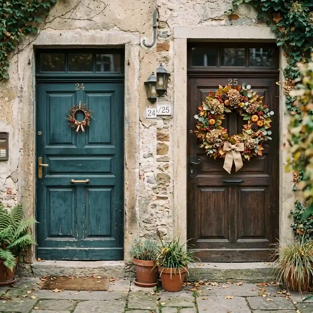 Two front doors side by side showing a small wreath looking lost and a properly sized wreath filling the door