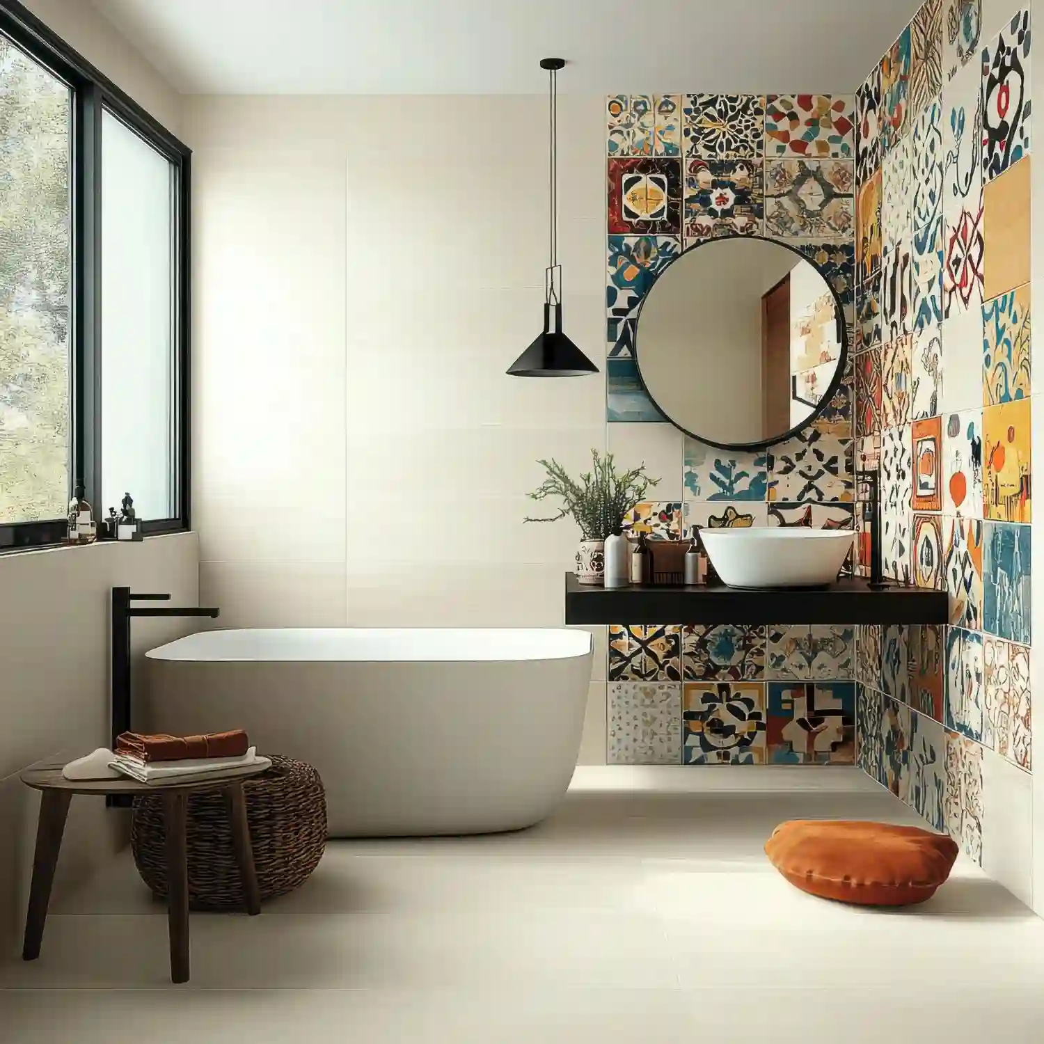 Sage green zellige tile wall in a shower with visible glaze variation and shimmer