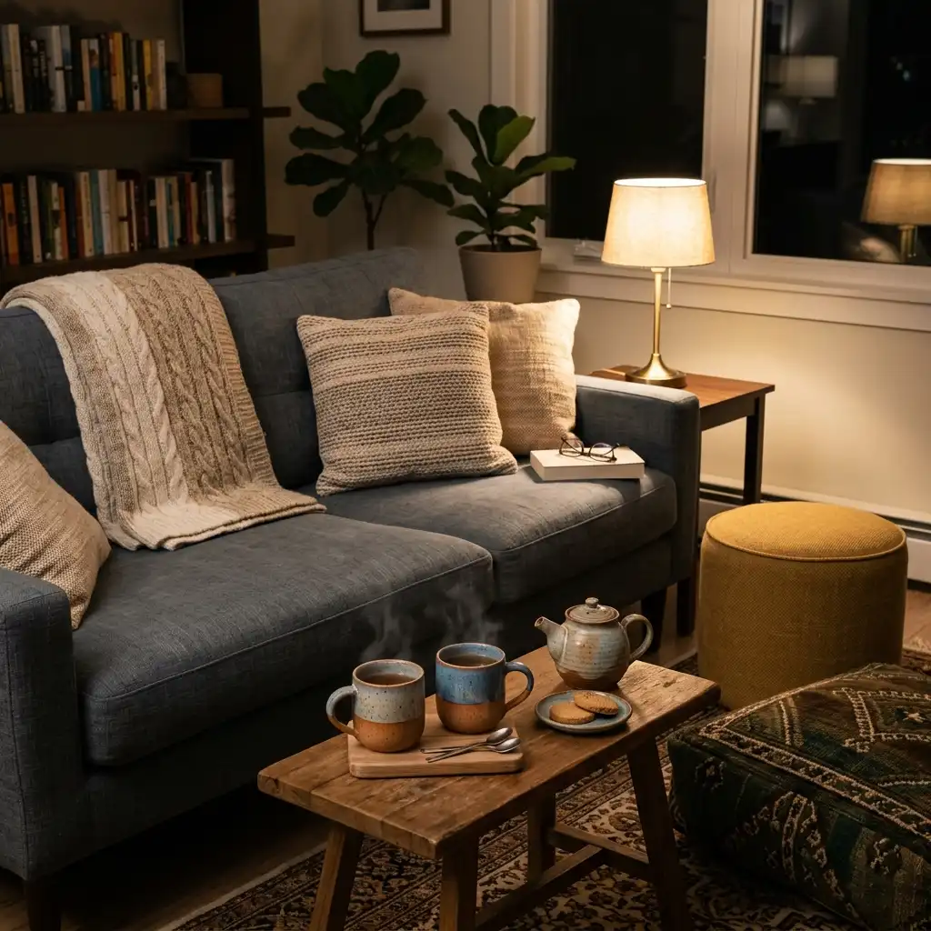 Sofa with folded throws, floor cushions and a low warm lamp set up for after dinner conversation