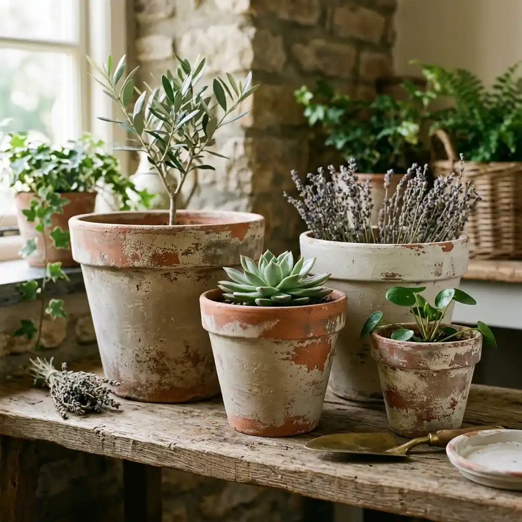 Group of terracotta pots washed in bone and warm greige paint with the raw clay showing at the rims