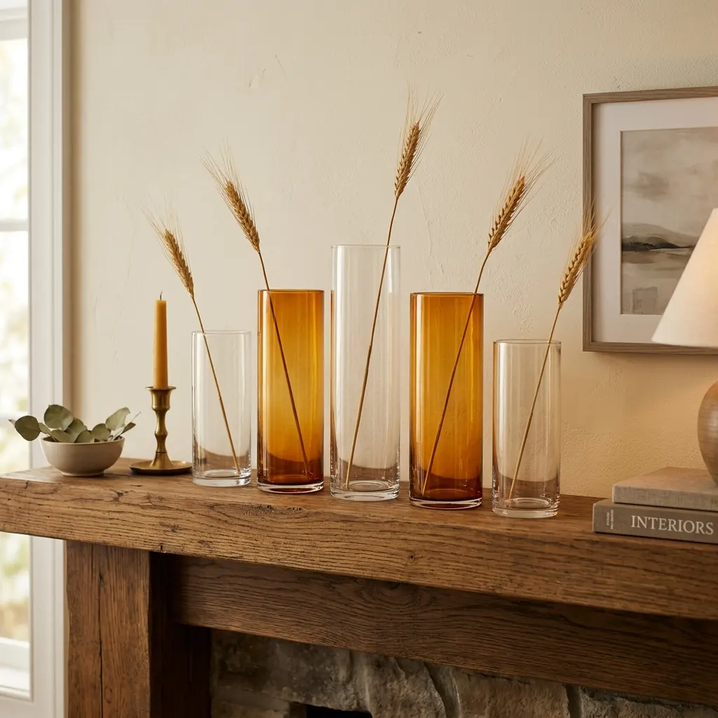 Five amber and clear glass cylinders in staggered heights holding single wheat stems on a mantel
