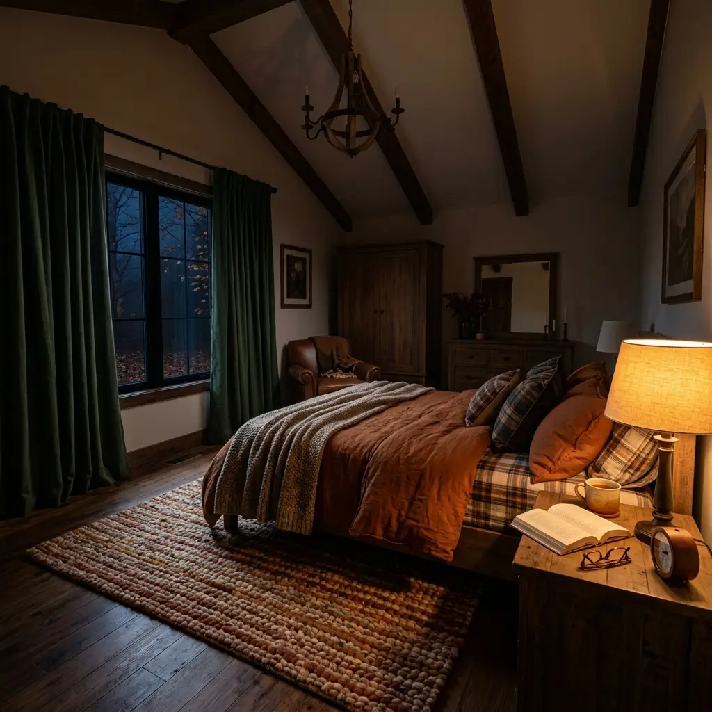 Wide view of an autumn bedroom lit by a single warm lamp, with heavy curtains and a wool rug