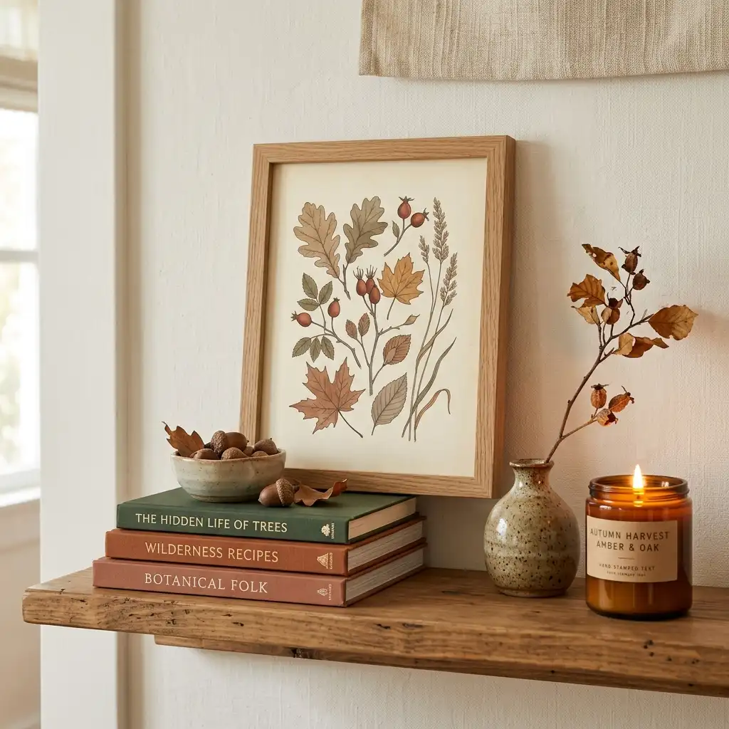 Muted botanical autumn print styled on a shelf with stacked books and a small ceramic vase
