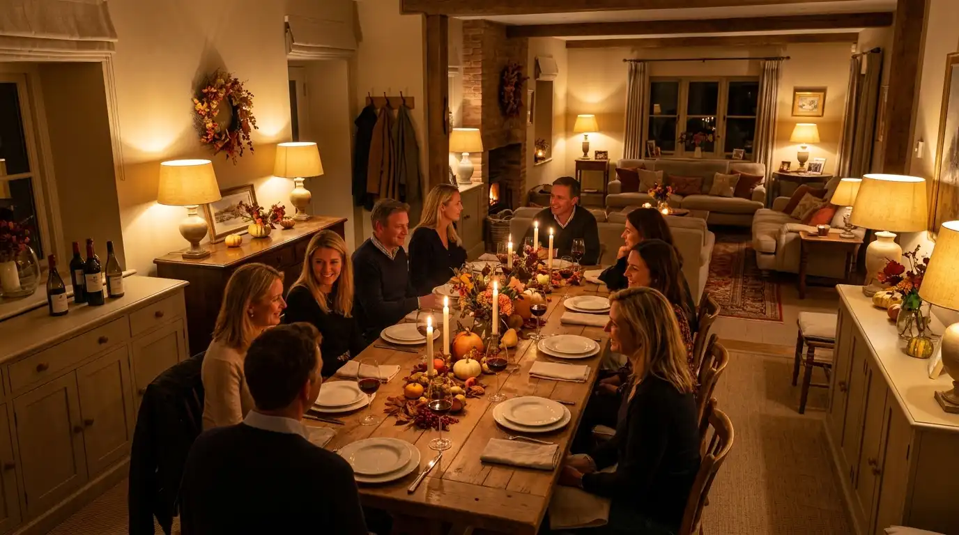 Warmly lit autumn dining room during a dinner party with lamps glowing around the edges of the room
