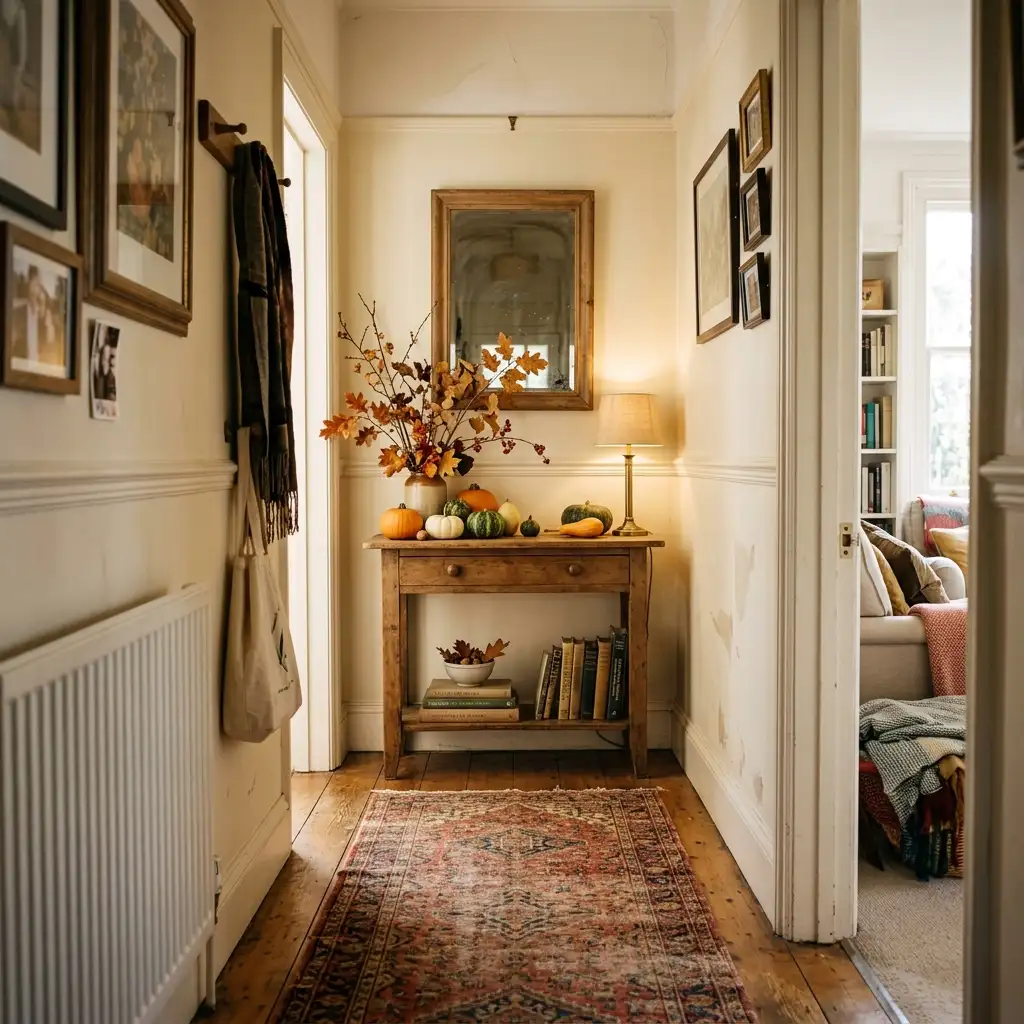 View down a narrow hallway toward a console table with warm autumn styling and a runner