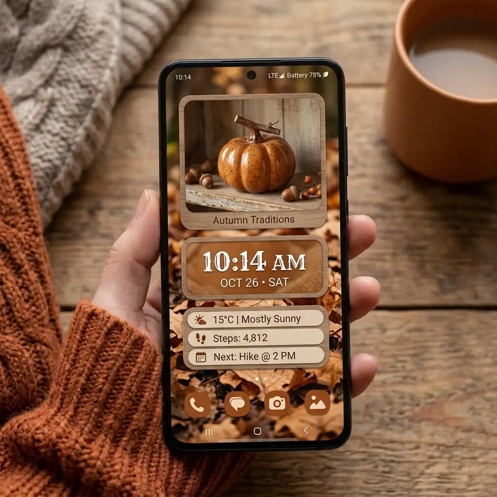 Warm autumn home screen holding a photo panel, a clock and one stacked slot over a dried-leaf image