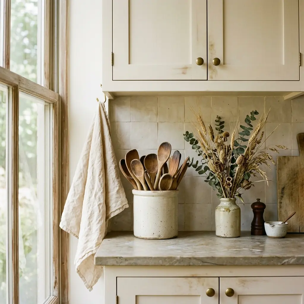 Neutral kitchen with warm cream dish towels, a utensil crock and dried stems arranged in a small group