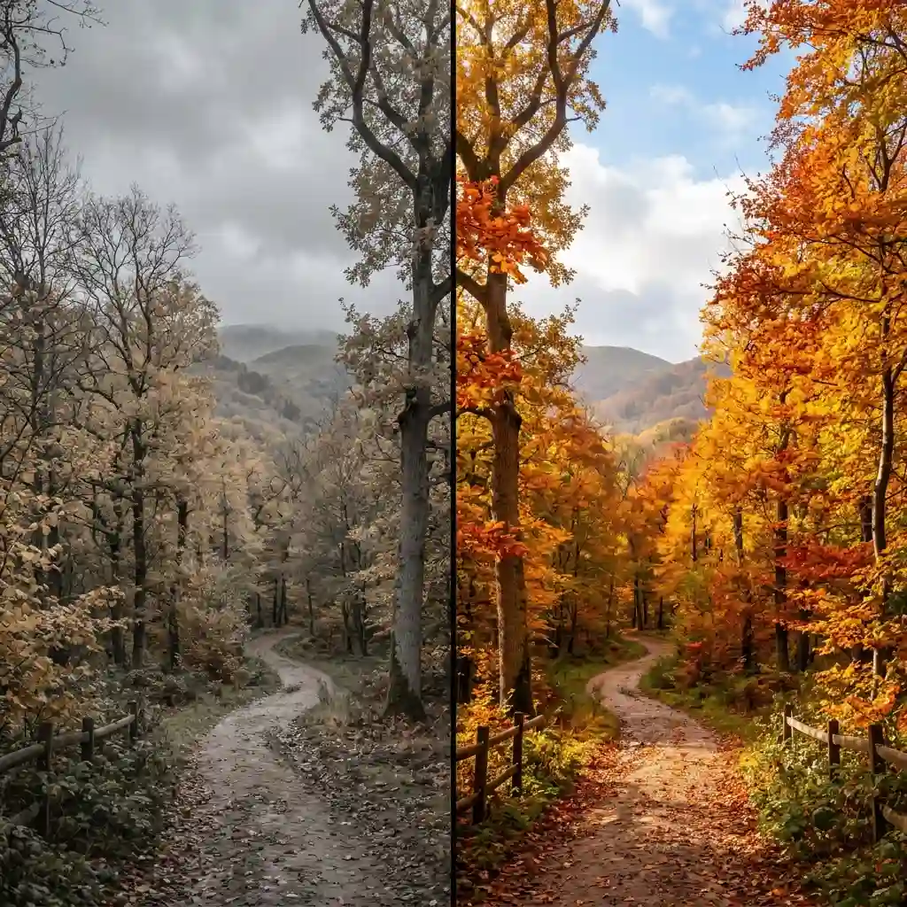 Muted grey autumn scene with lowered saturation shown beside a bright saturated version of the same view