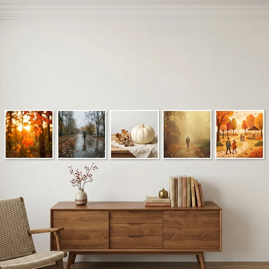 Five autumn images side by side showing backlit sun, overcast grey, bright daylight, faded film and illustration