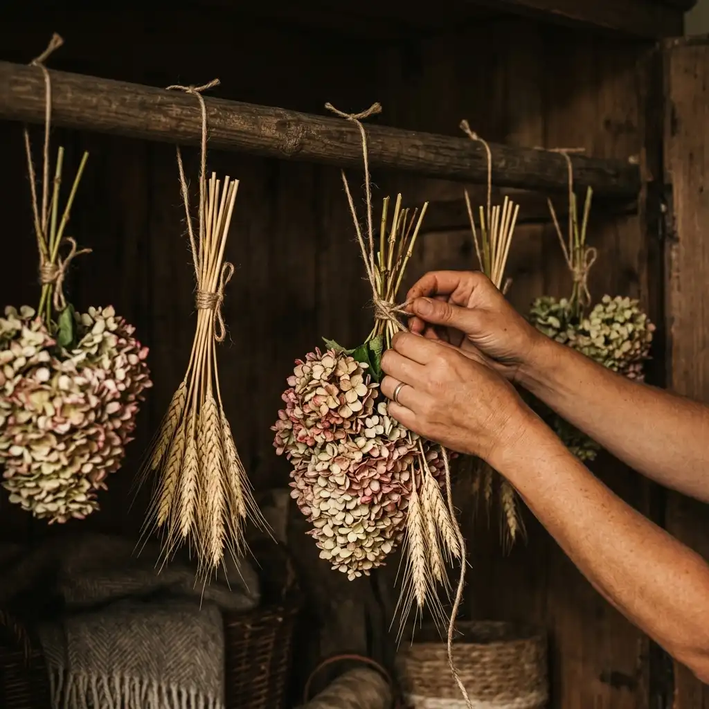 DIY fall decor projects in progress with stems and hydrangea heads hanging upside down to dry on a wooden rail