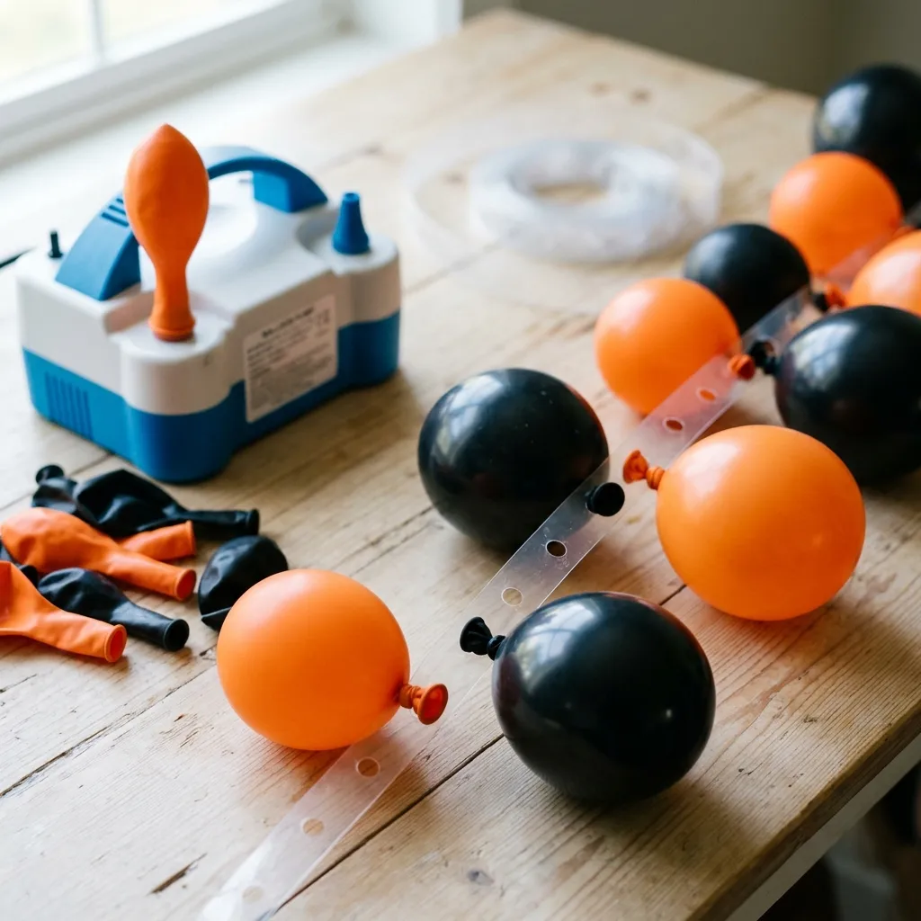 Close-up of balloons knotted through a punched decorating strip beside an electric pump