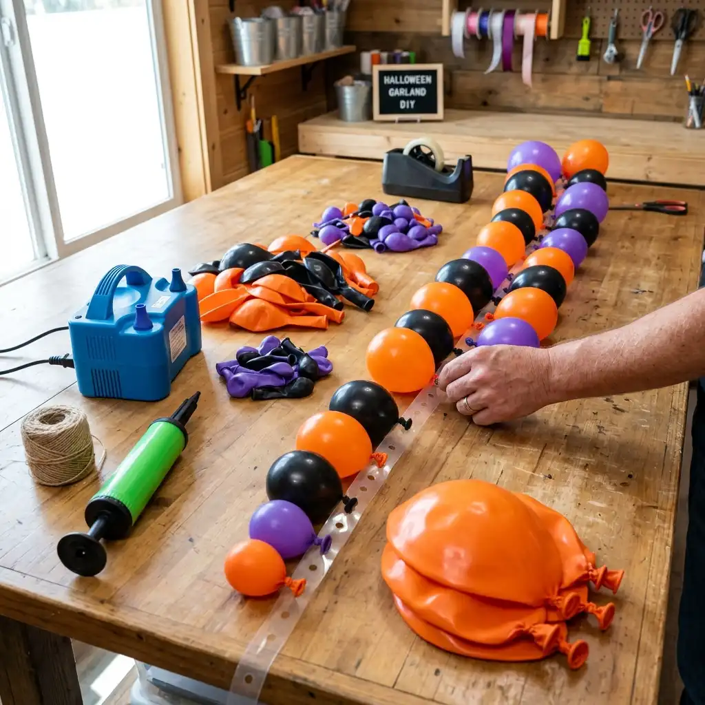 Balloon garland being assembled flat on a table with strip, pump, and sorted balloon sizes=
