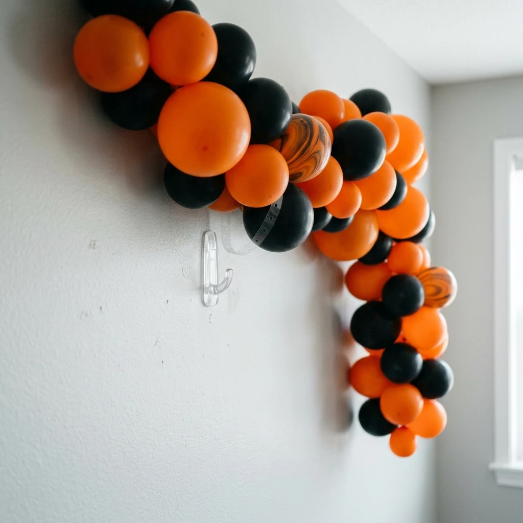 Balloon garland strip looped over adhesive wall hooks with one trailing asymmetric tail
