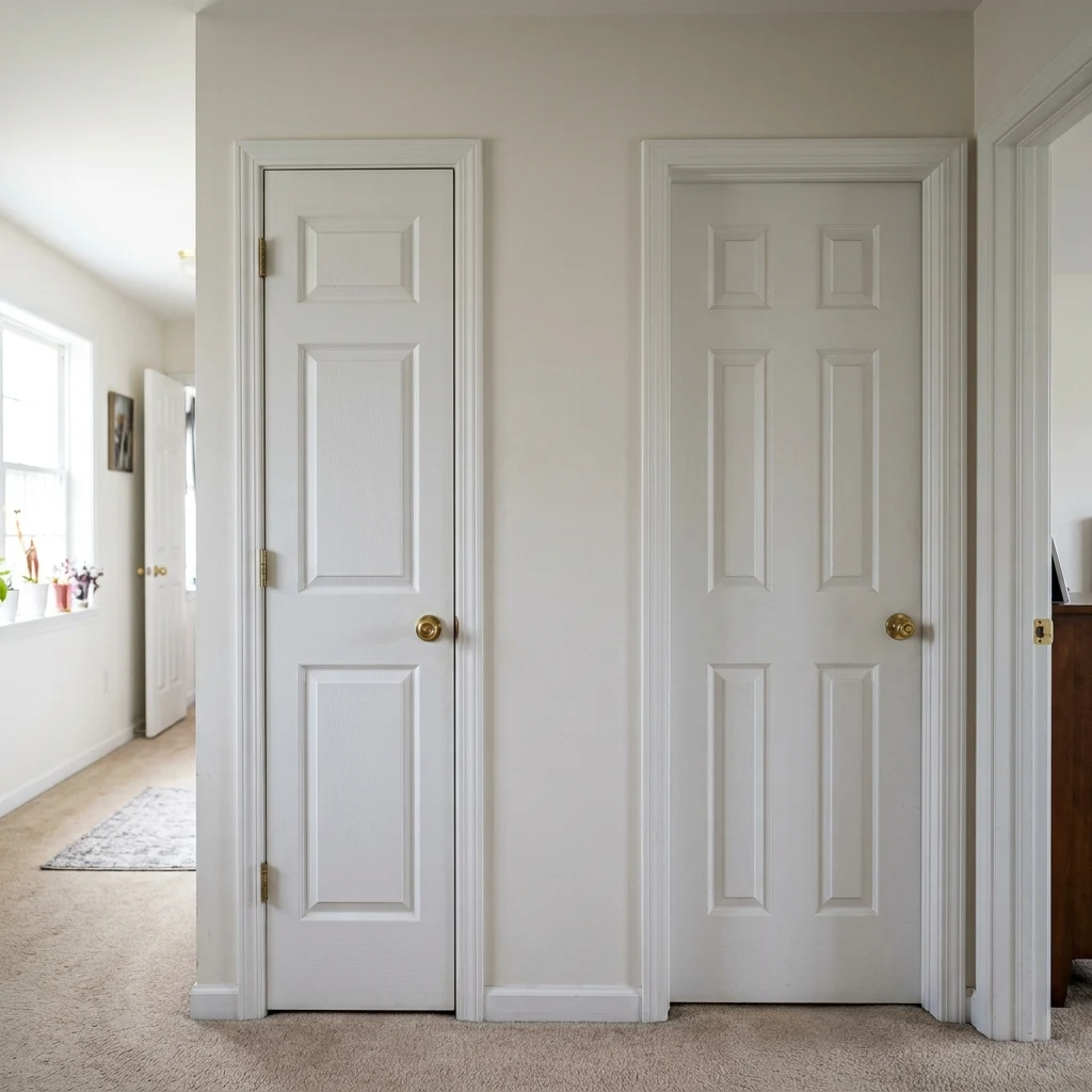 Empty hallway wall between two panelled doors with a carpeted floor and no artwork