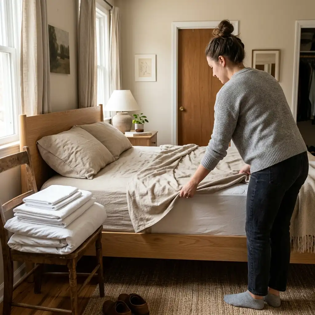 Bedroom mid seasonal swap with summer sheets folded aside and heavier bedding laid out