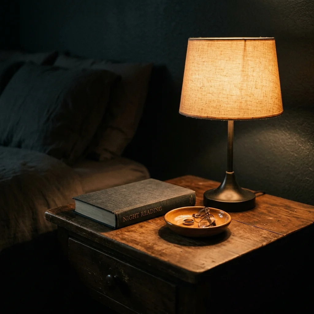 Bedside lamp casting a low warm glow across a nightstand holding a book and a ceramic dish