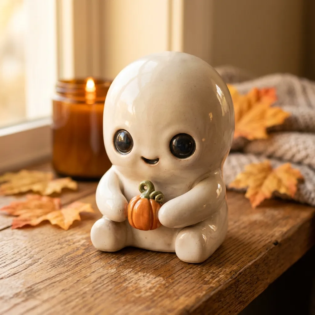 Ceramic Halloween character with an oversized head, large eyes set low and short thick limbs