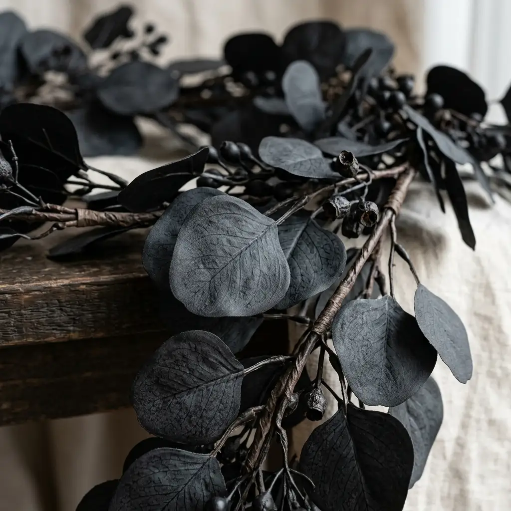 Close-up of black faux eucalyptus garland showing realistic leaf texture