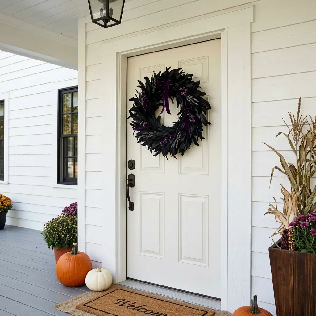 Matte black feather Halloween wreath with purple accents hanging on a white farmhouse door