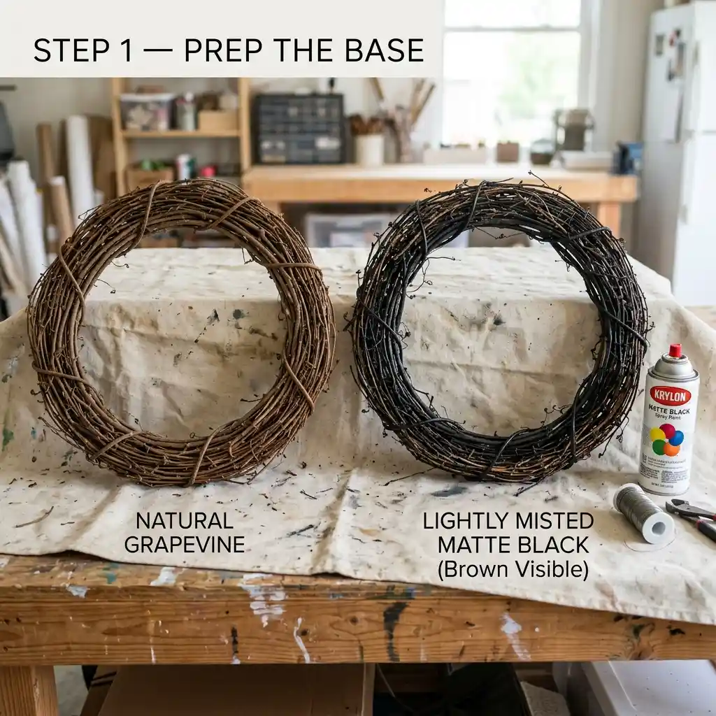 Grapevine wreath base spray-painted matte black drying beside a natural one