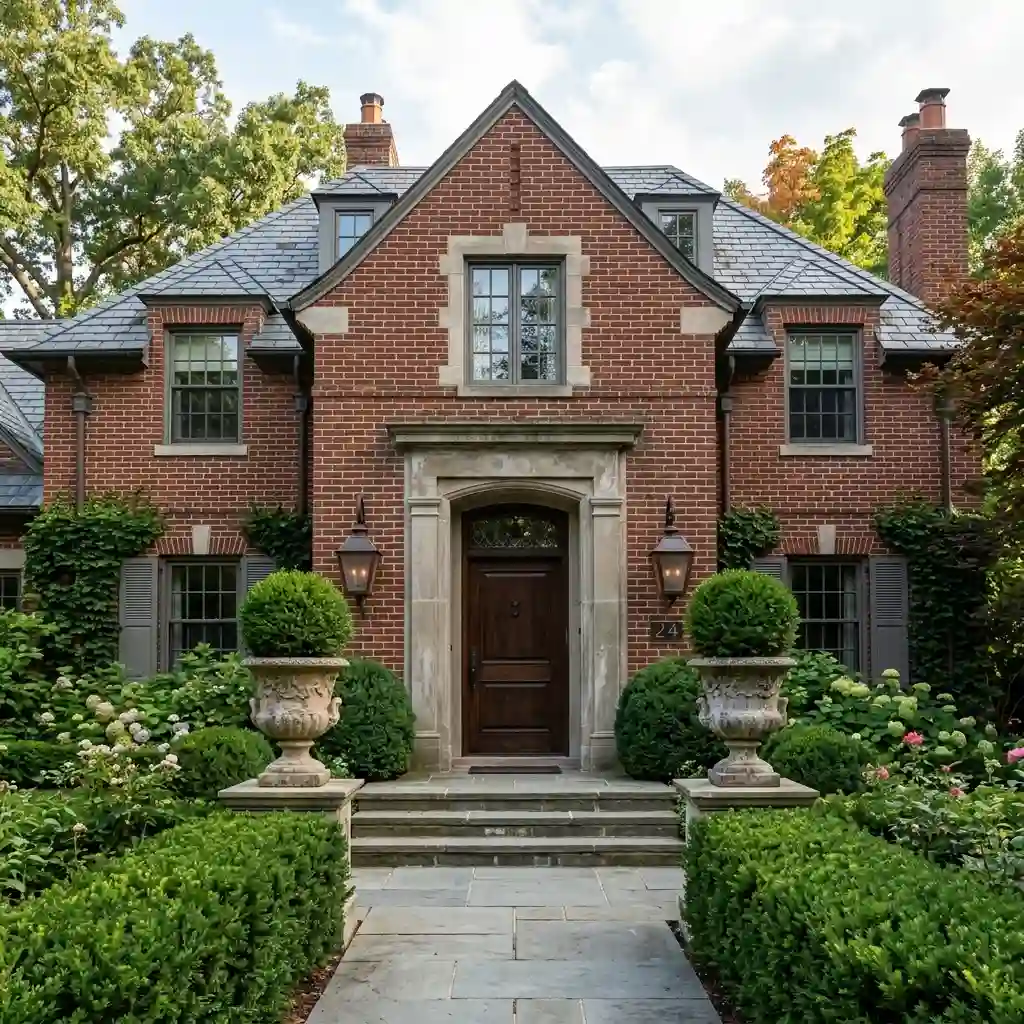 Red brick house front with cast stone urns, dark iron lanterns and clipped evergreen either side of the door