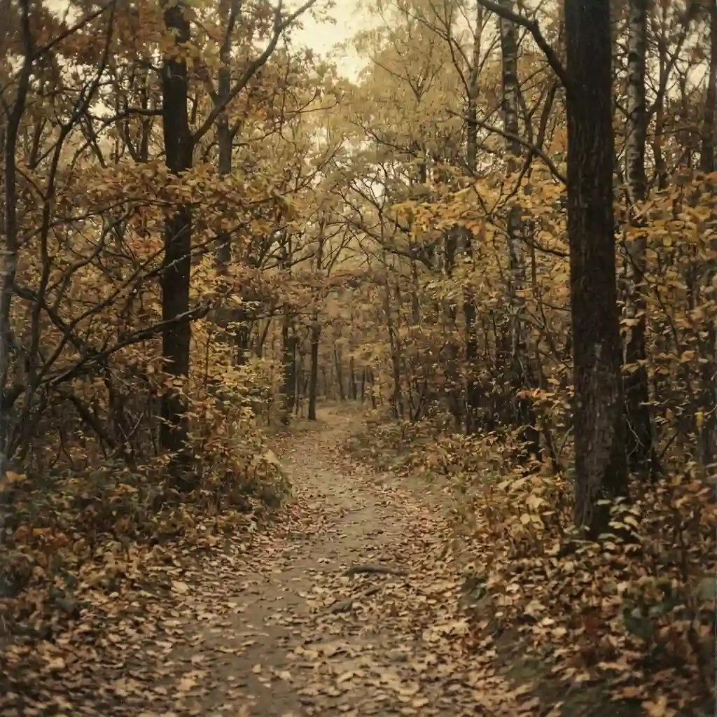Faded autumn photograph with lifted blacks, held-back highlights and fine grain in dust yellow tones