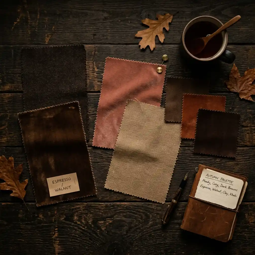 Autumn color swatch scene in espresso, walnut, warm khaki and muted clay under low light