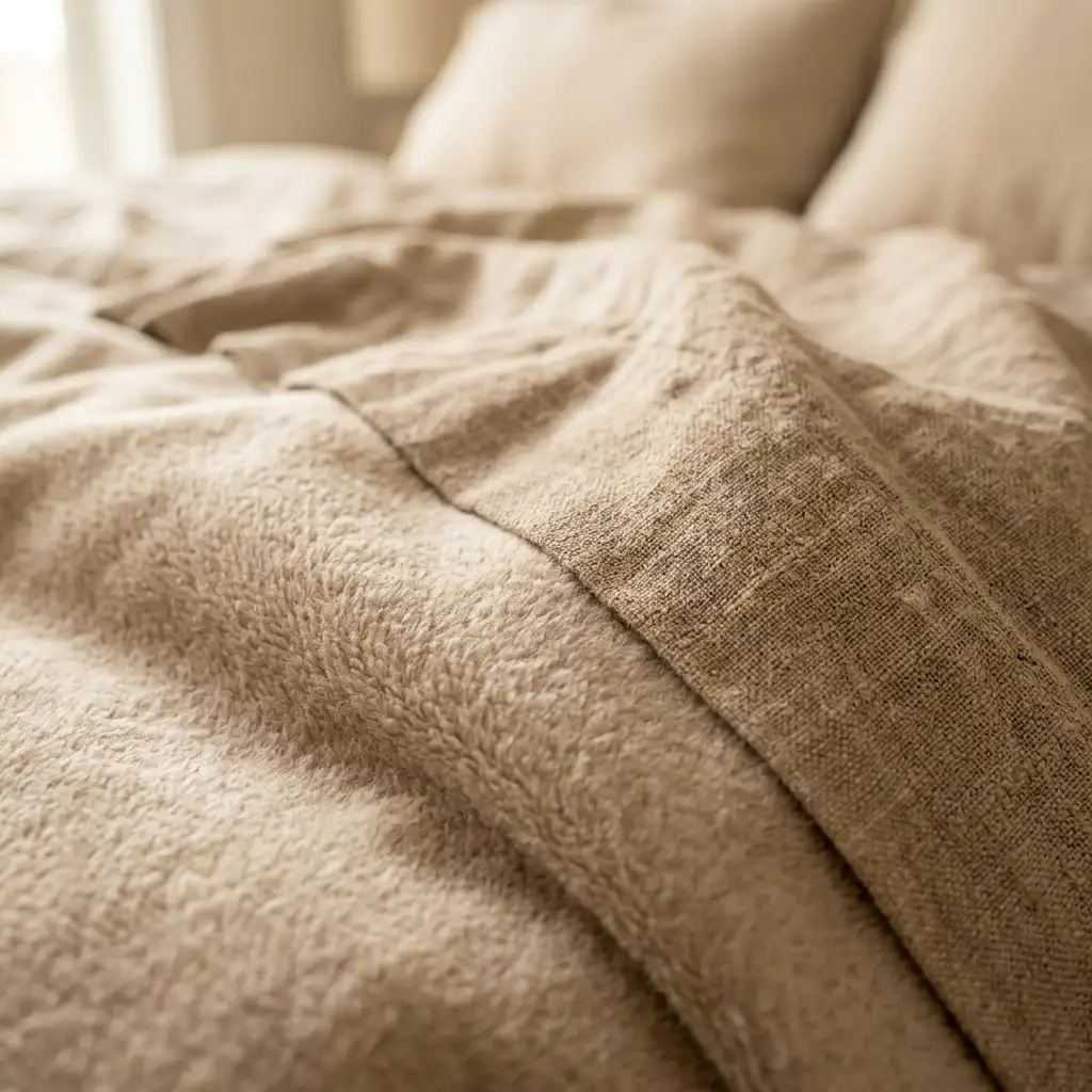 Close-up of brushed cotton and flannel bedding layers folded back over a linen top sheet