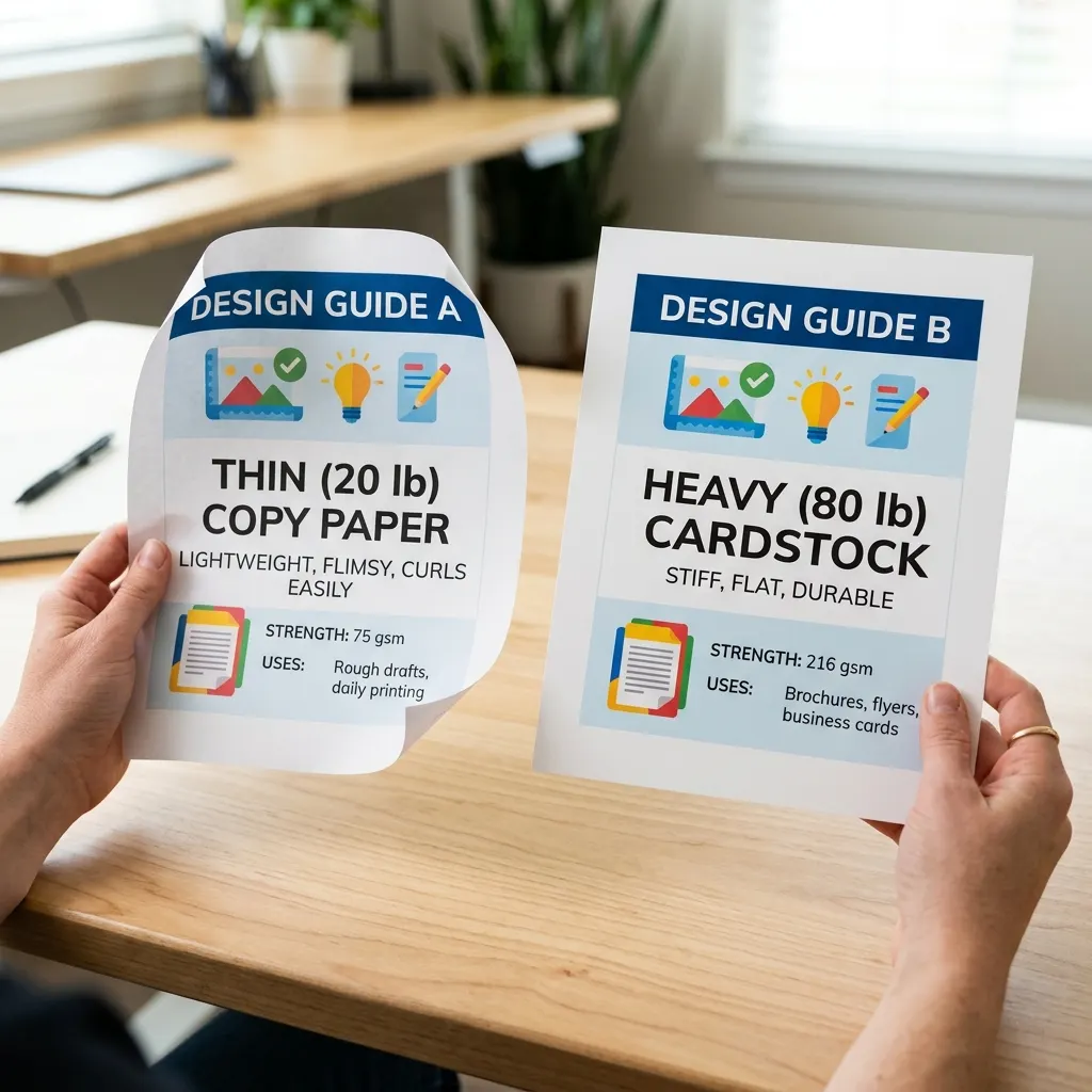 Thin copy paper and heavy matte cardstock held side by side showing the difference in thickness