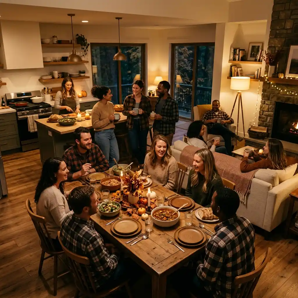 Casual open plan home during a fall dinner party with kitchen, table and seating in one space