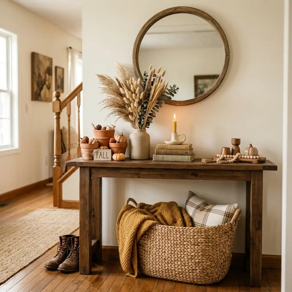 Warm entryway console styled for autumn with clay pots, dried grasses and a woven basket below