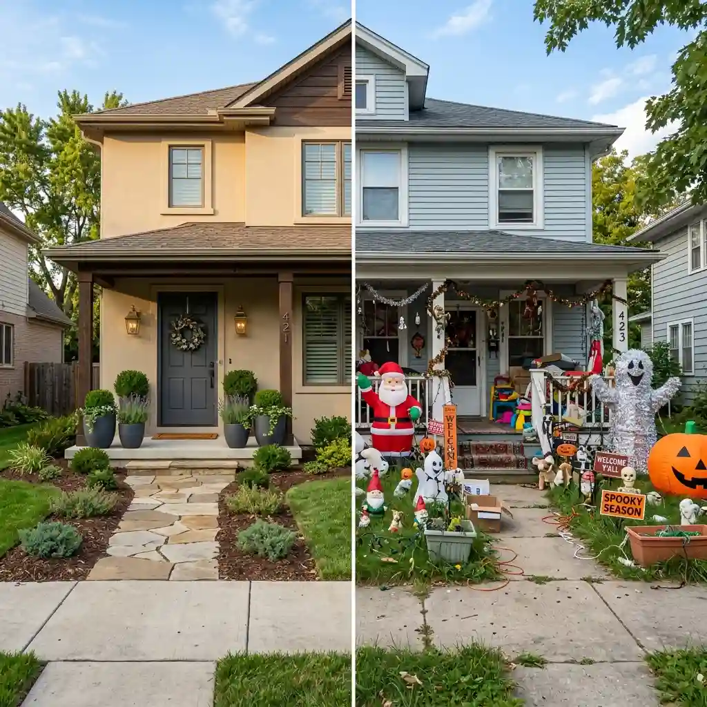 Two neighboring house fronts compared, one styled simply and one crowded with mismatched props