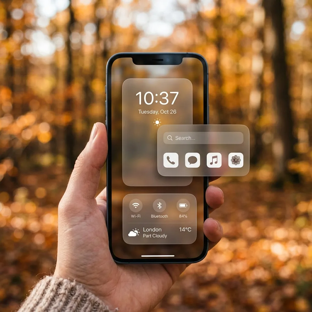 Translucent glass-style panels floating over a blurred autumn woodland background on a phone