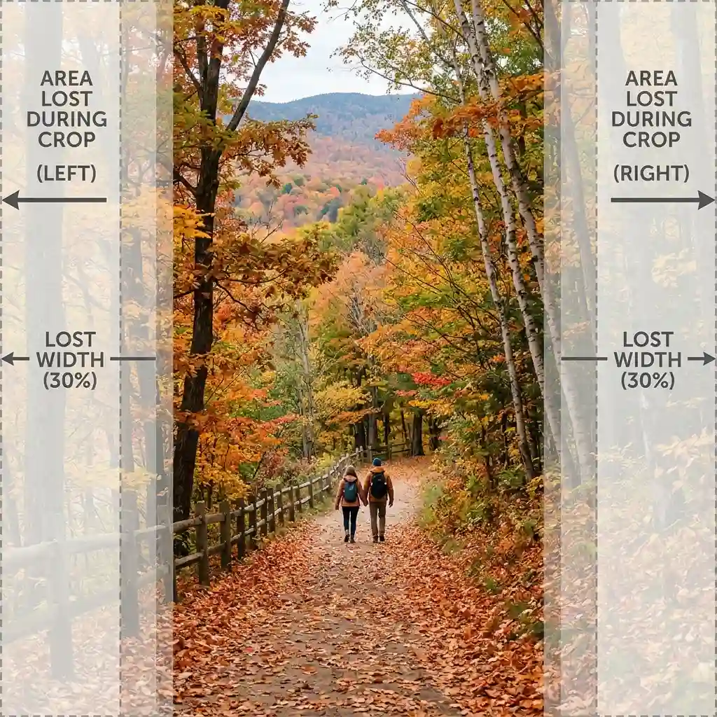 Autumn woodland path with shaded bands down both sides labelled AREA LOST DURING CROP, showing about 30 percent of the width cut away to fit a phone screen