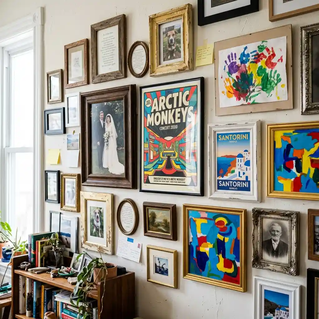 Crowded wall of mismatched frames and unrelated images with no shared colour or subject