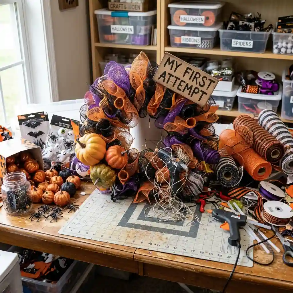 Craft table covered in Halloween wreath supplies with an overloaded half-finished wreath