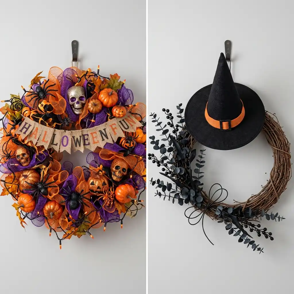 Comparison of an overloaded homemade Halloween wreath beside a minimal one-prop wreath