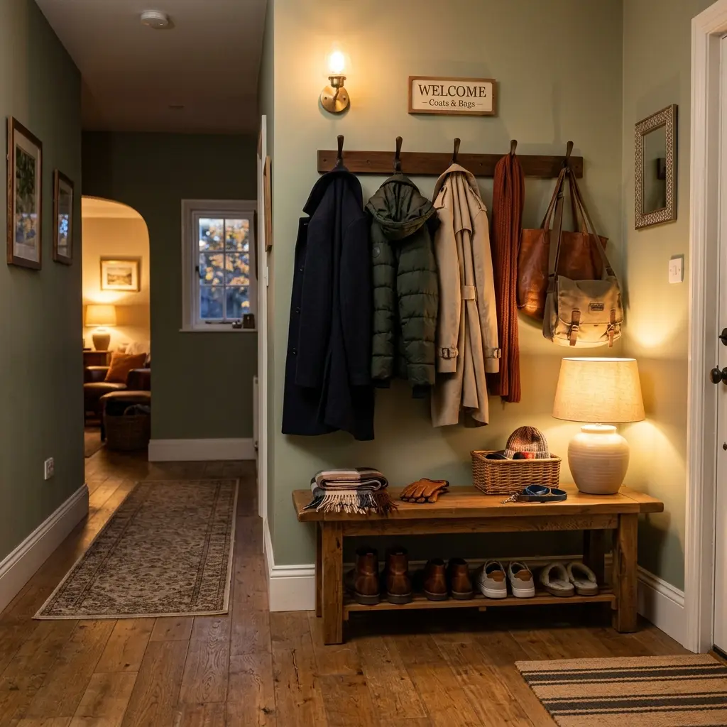 Coats and bags stacked on a hallway bench with hooks above on an autumn night