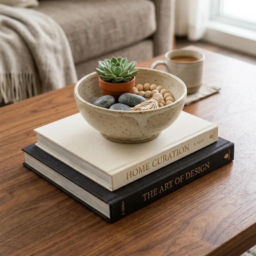 Small stoneware bowl raised on a stack of two hardcover books on a walnut coffee table