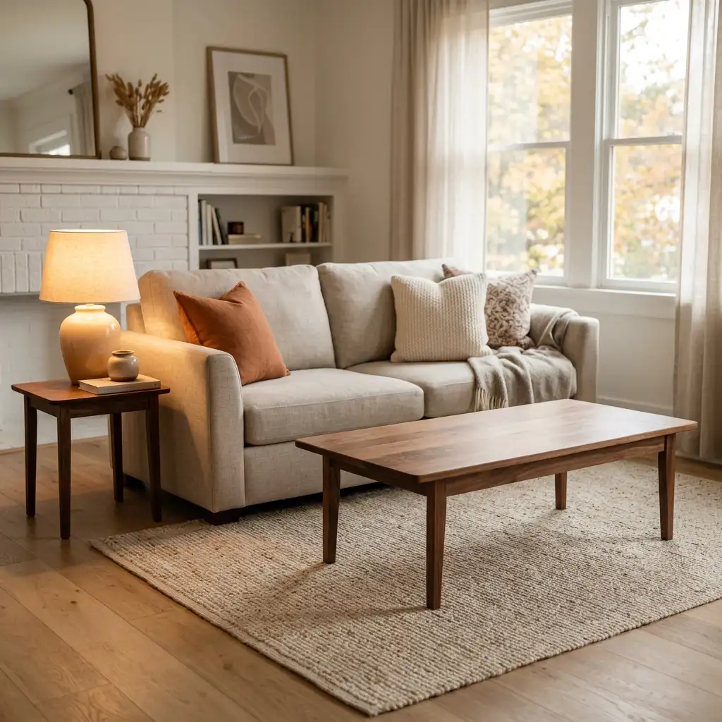 Empty wooden coffee table cleared to bare surface with a sofa and warm lamp behind it