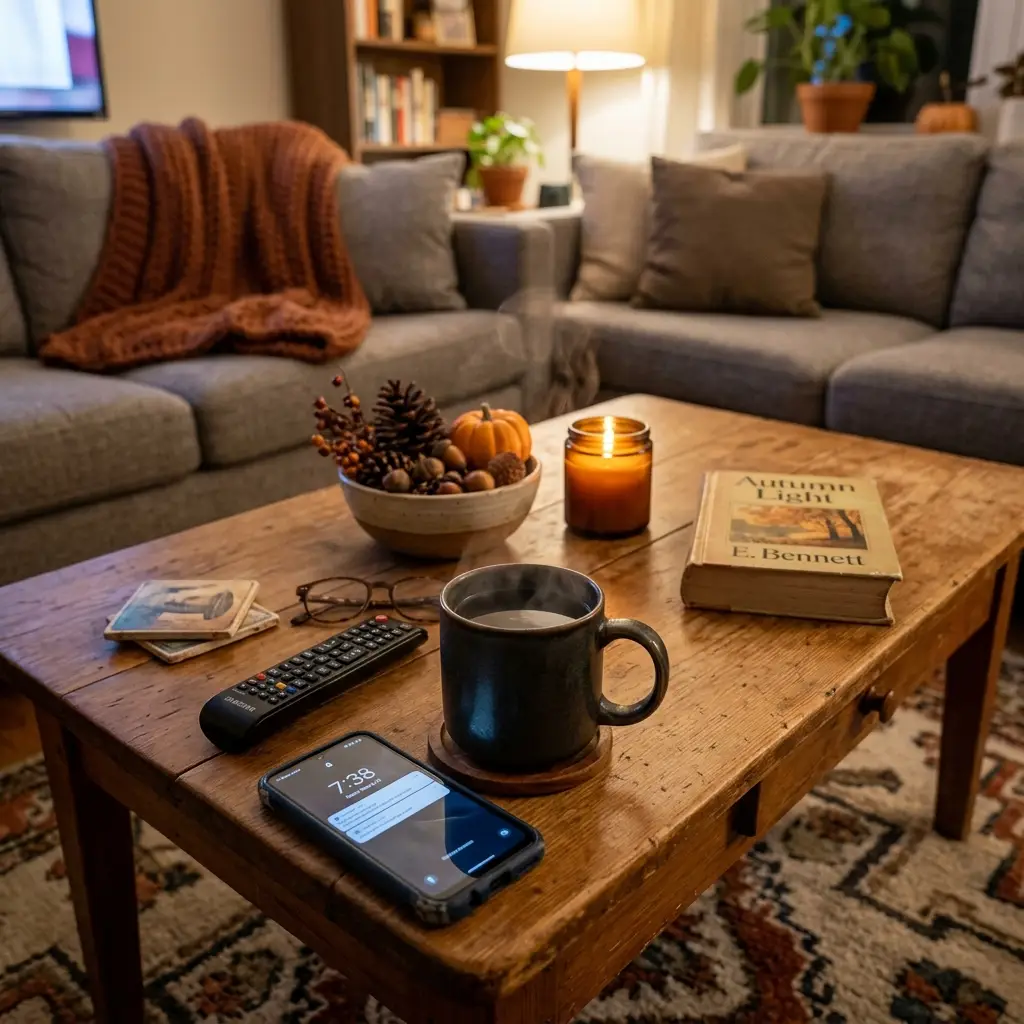 Coffee table arrangement sharing the surface with a mug and a remote during everyday use