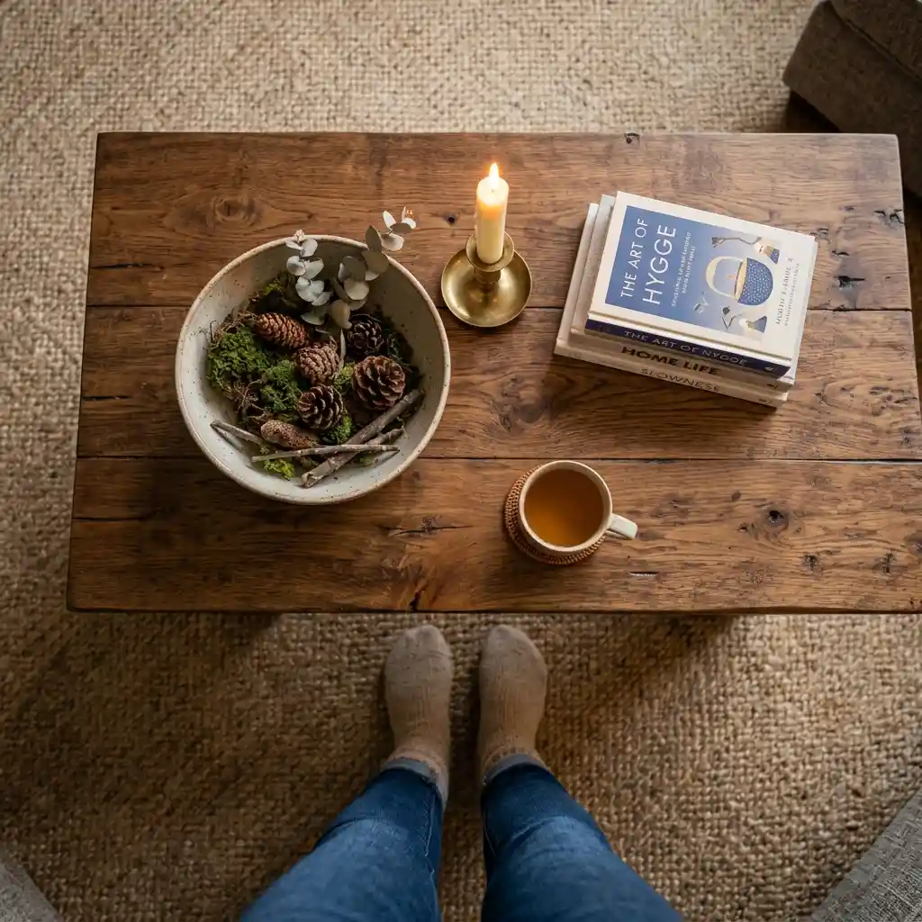 View from a sofa looking down at a low table styled with a bowl and candle at seated eye level