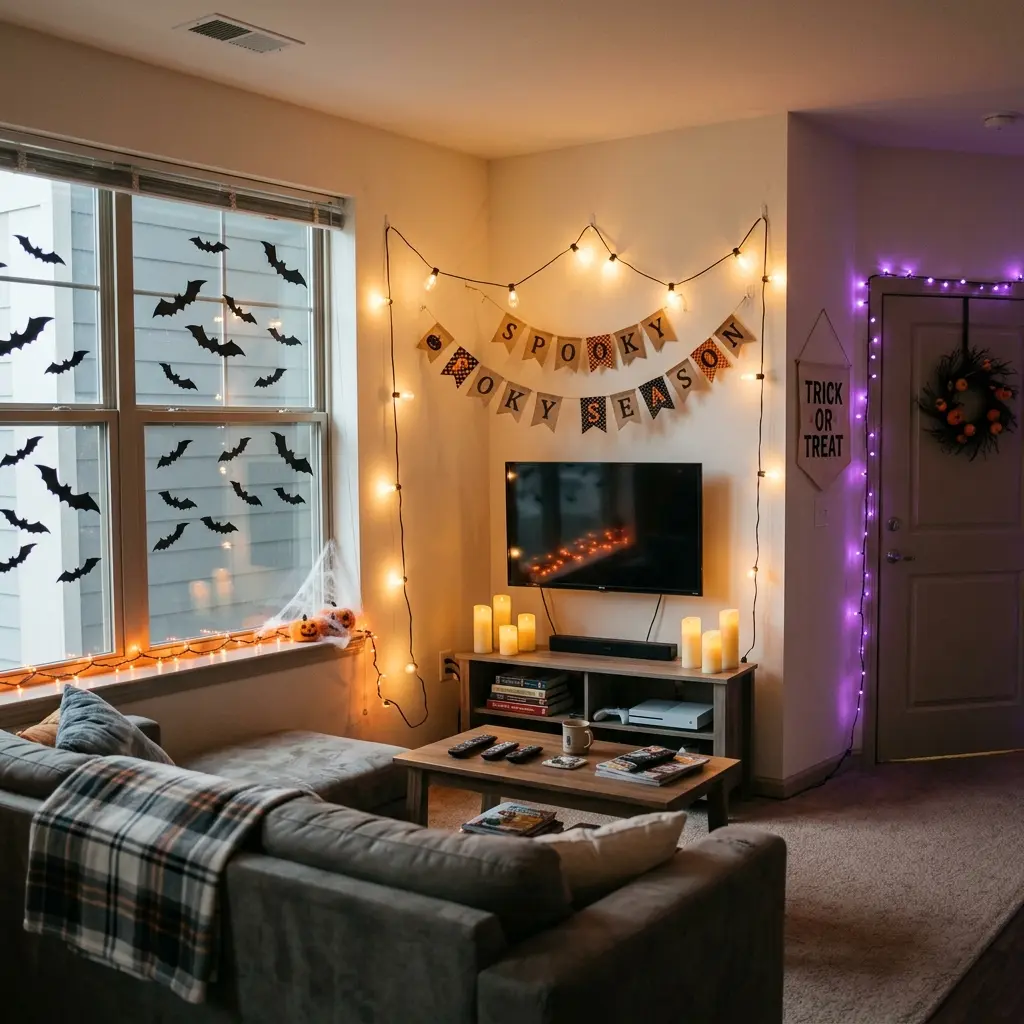 College apartment styled with Halloween apartment decor using paper bats, string lights and a fabric banner