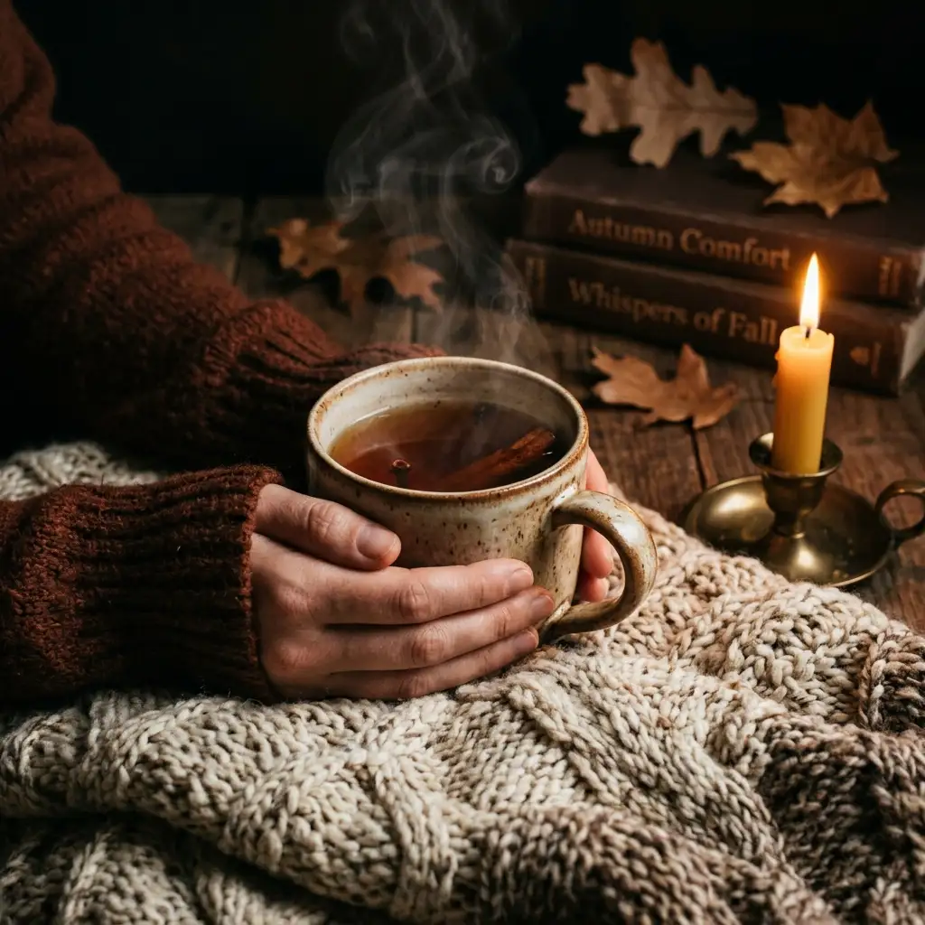 Cozy fall wallpaper example with a mug of tea on wool, lit by one small warm light in a dark frame