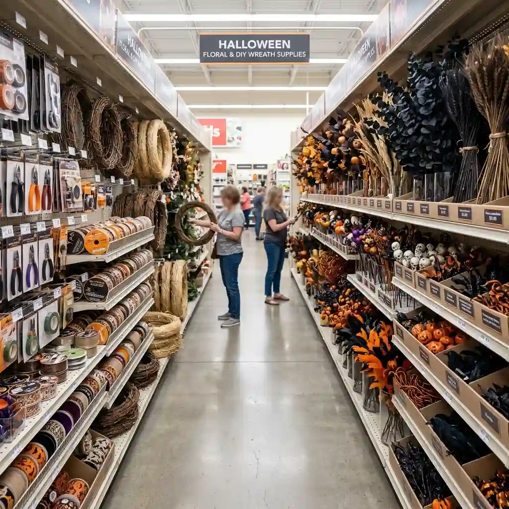 Craft store aisle stocked with Halloween floral picks, stems, and wreath supplies