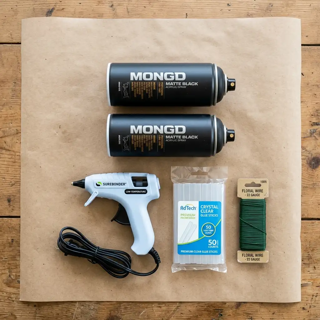 Matte black spray paint cans, a low temperature glue gun and floral wire arranged on brown paper